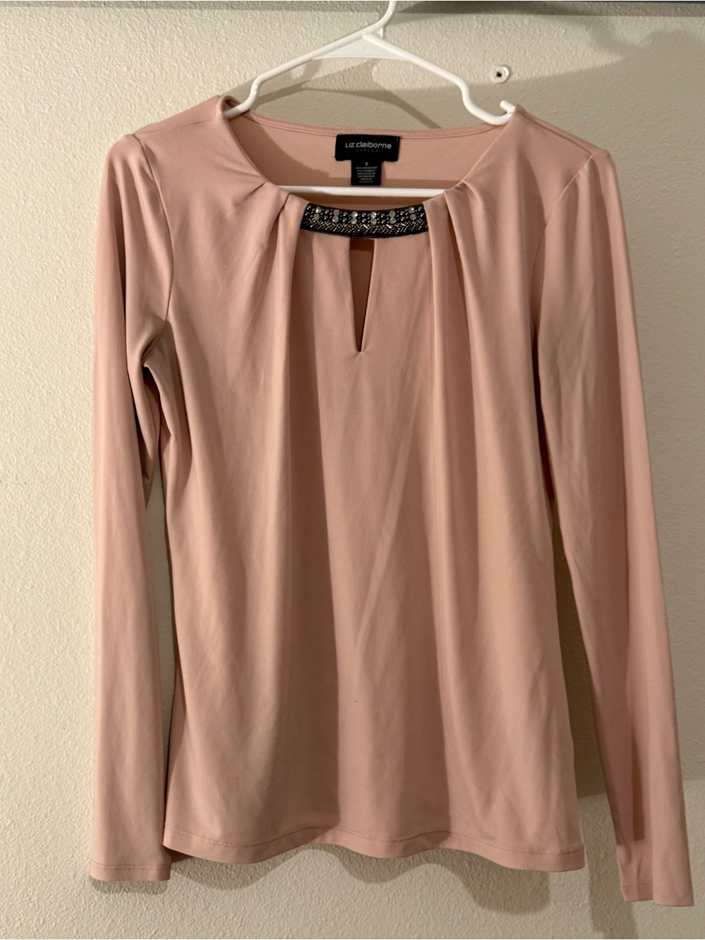 Liz Claiborne Dusty Rose Long-Sleeve Keyhole Top with Beaded Trim